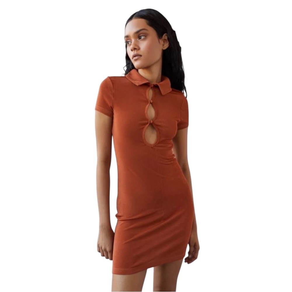 Urban Outfitters Rust Orange Ribbed Cutout Bodycon Mini Dress Collared Size L